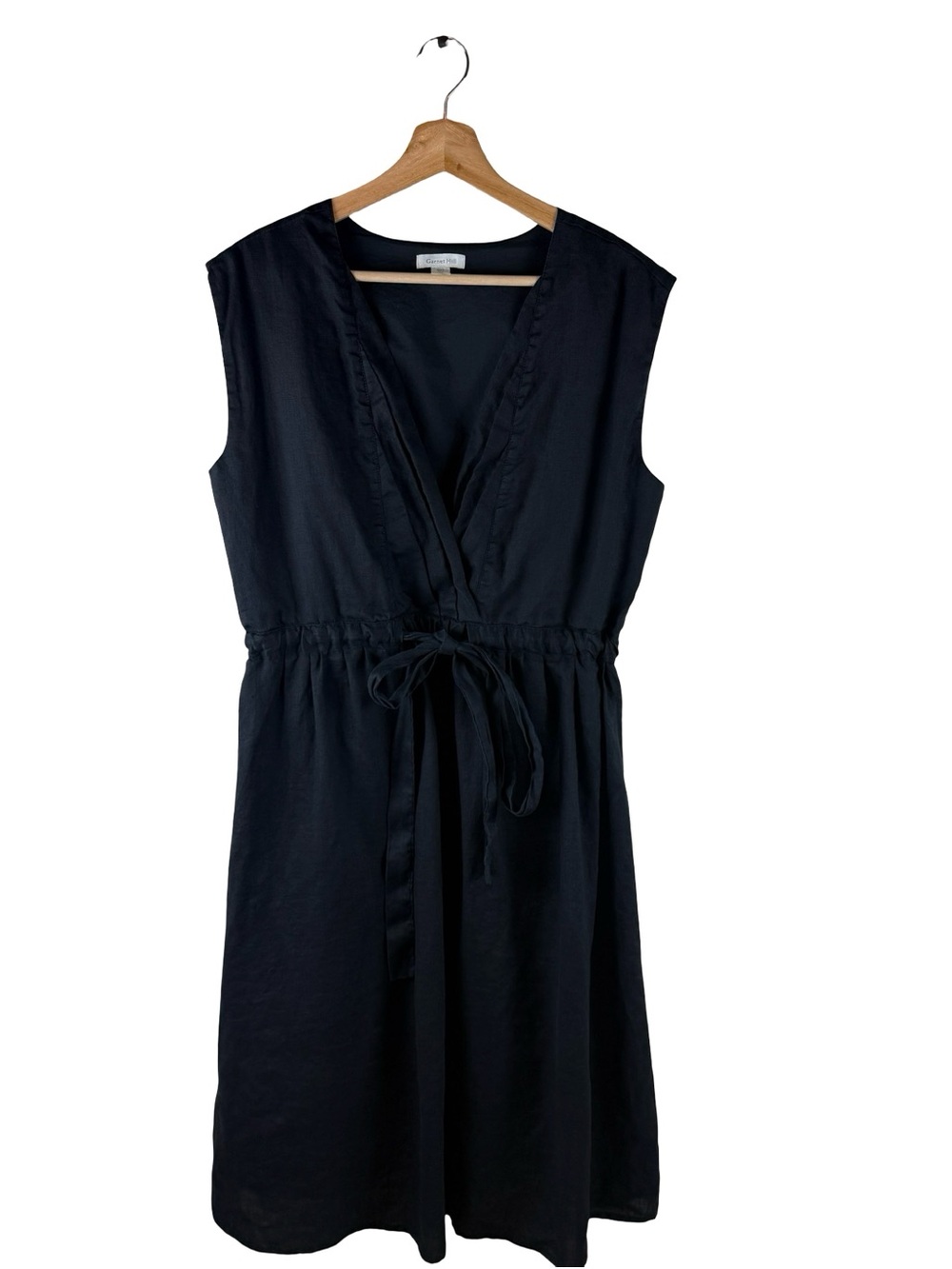 Garnet Hill Linen Midi Dress Black Sleeveless Pockets Size 10